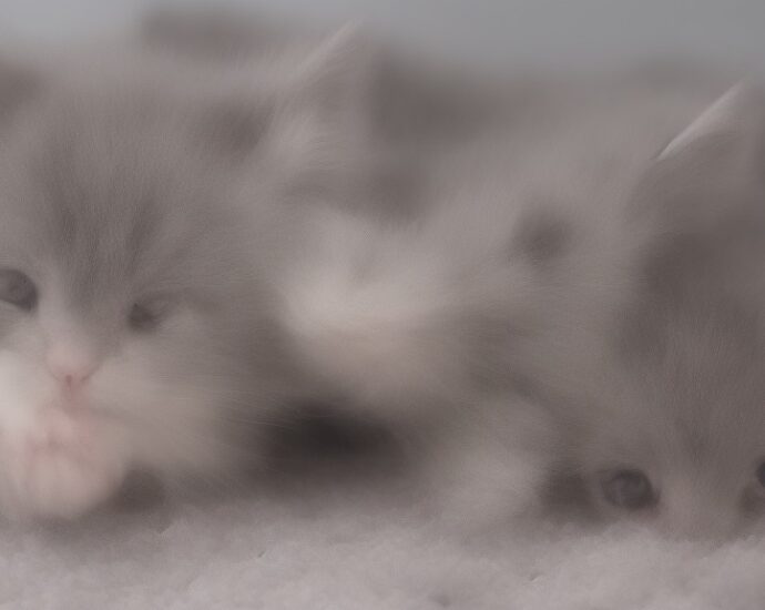 A close-up of a fluffy gray kitten, with bright blue eyes peering curiously into the camera. It's tiny paws are stretched out in front of it, and it's pink nose is scrunching up as it sniffs the air.