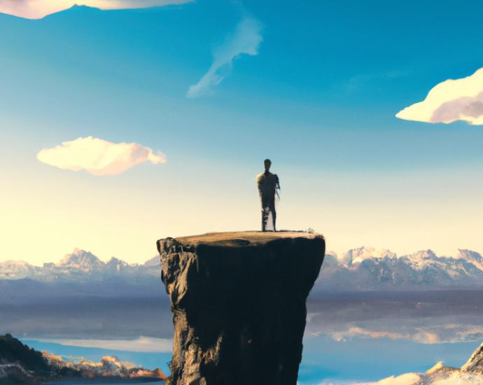 An illustration of a person standing on a mountaintop, looking out at a beautiful vista of nature.